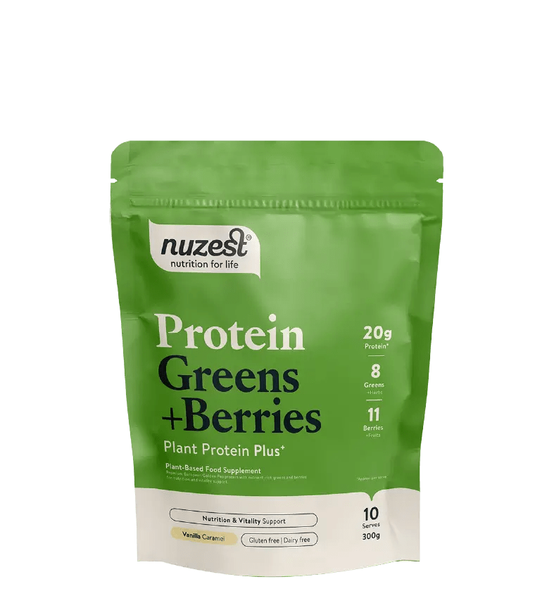 Koop Nuzest Plant Protein Greens + Berries Vanilla Caramel bij LiveHelfi
